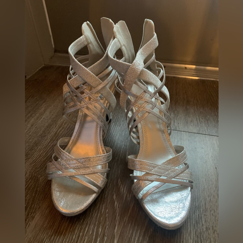 Silver strappy 3 1/2 inch heels